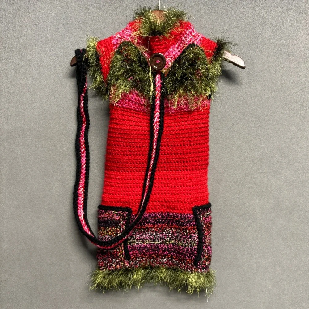 The Cottage Dog Crochet Sweater Large Red Pink Excellent Handmade Pet Vest